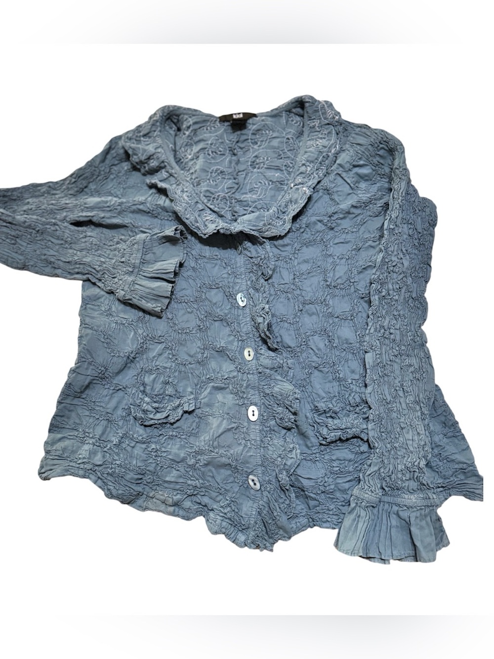 KIAL Denim Blue Embroidered Floral Paisley Ruched Ruffle Trim Cotton Cardigan L